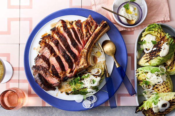 Peppered rib-eye with charred cabbage and blue cheese dressing