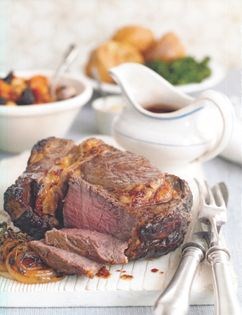 Peppered roast beef with roast onions and rich red wine gravy