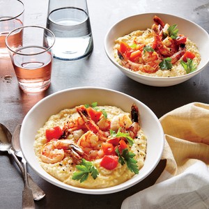 Peppered shrimp with white bean and cauliflower puree