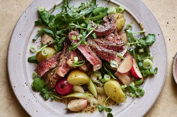 Peppered steak, charred radish & new potato salad