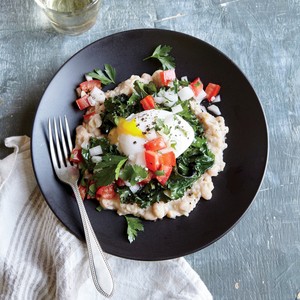 Peppered white bean, kale, and egg stack