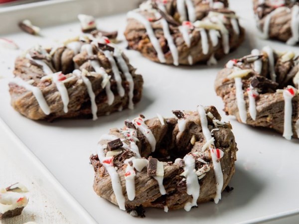 Peppermint bark puff pastry wreaths