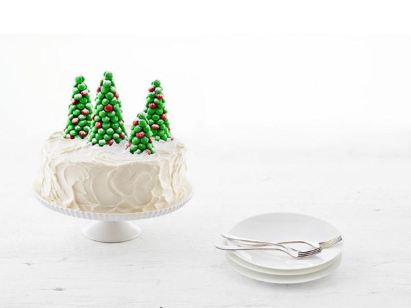 Peppermint layer cake with M&M’s trees