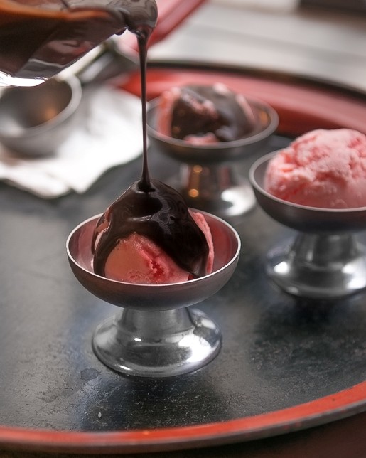 Peppermint stick ice cream with hot fudge sauce