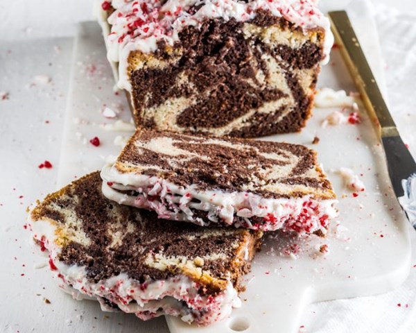 Peppermint swirl pound cake [cream cheese glaze]