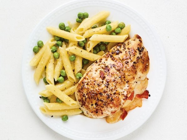 Pepperoni-and-cheese stuffed chicken with penne