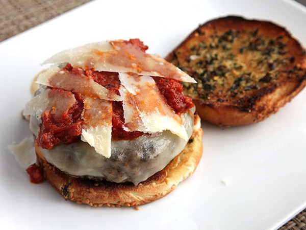Pepperoni garlic bread burgers (Grilled cheeseburgers with pepperoni sauce served on garlic bread rolls)