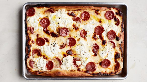 Pepperoni three-cheese white pizza