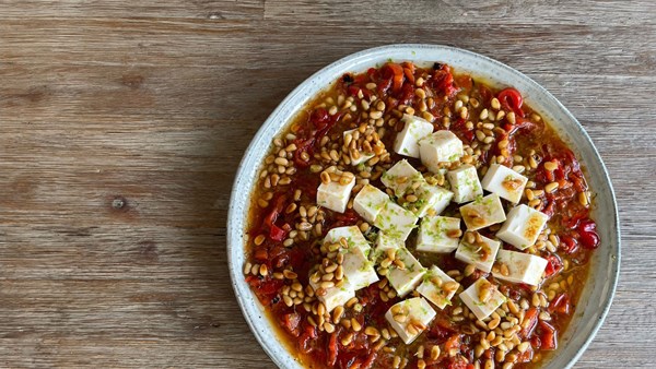 Peppers & tofu with lime-butter pine nuts