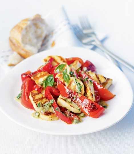 Peppers and haloumi with herby caper dressing