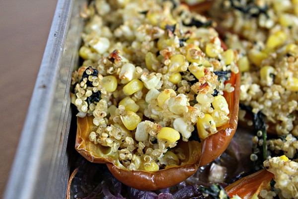 Peppers stuffed with quinoa, corn and feta cheese