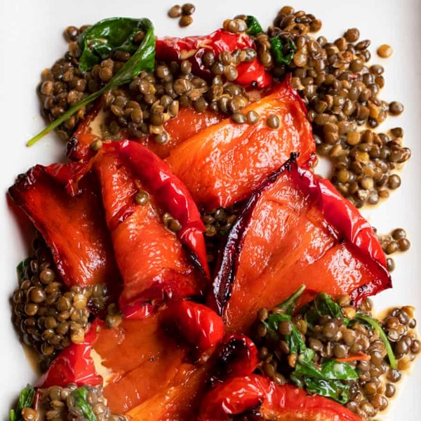 Peppers with a dressing of their roasting juices, lentils and basil