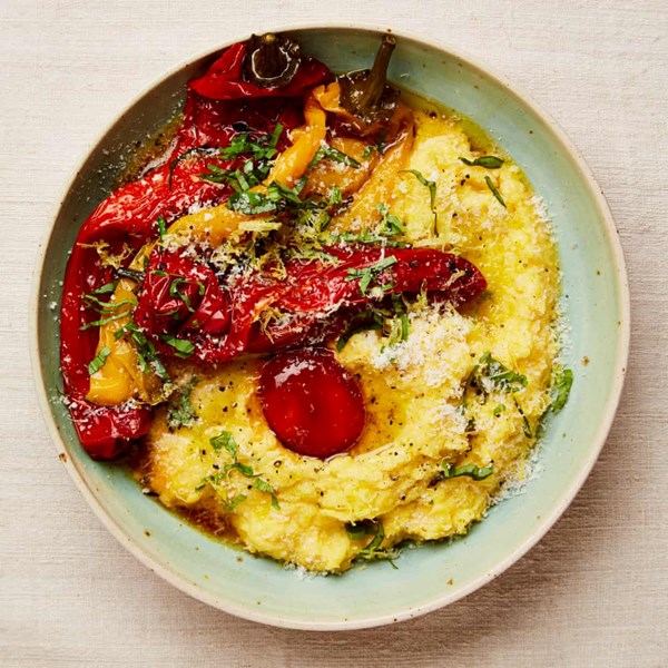 Peppers with polenta and soy-cured yolk