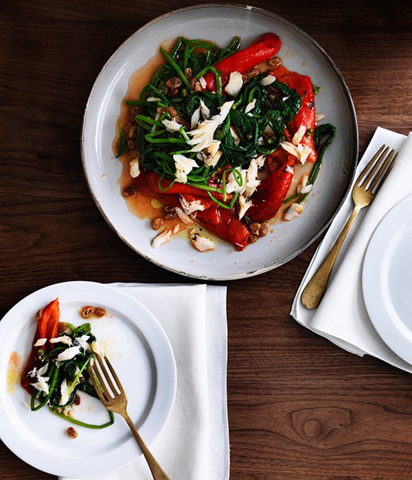 Peppers with spinach and salt cod