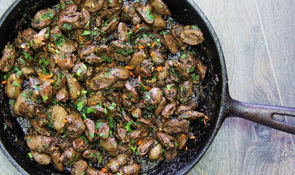 Peppery geera (cumin) chicken hearts.