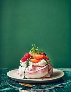 Peppery pink grapefruit Pavlovas with sweet rocket drizzle
