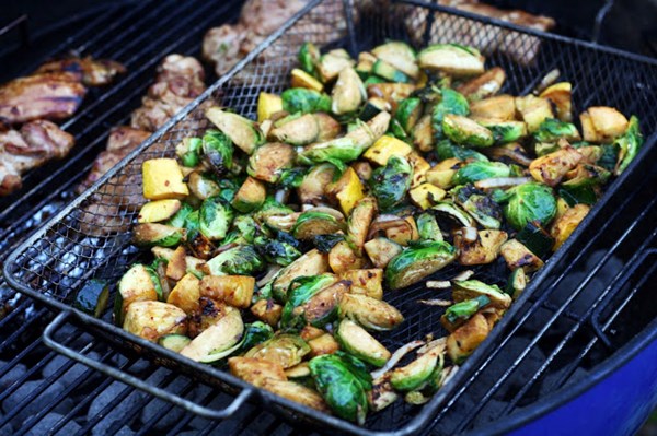 Peppery, umami-packed grilled Brussels sprouts and summer squash 