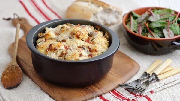 Perfect cauliflower cheese with bacon and mushrooms [The Hairy Bikers]
