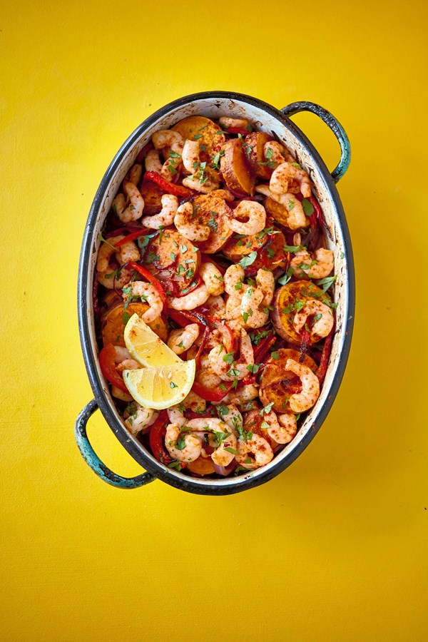 Peri-peri prawns with roasted sweet potato & peppers