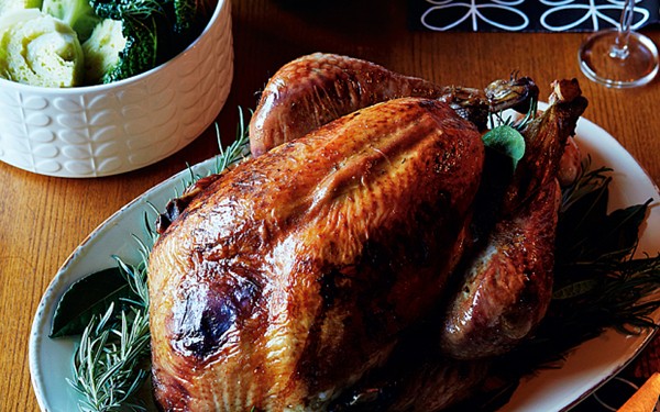 Perry-brined turkey with pear and ginger stuffing