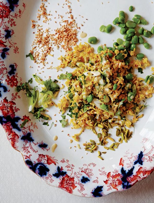 Persian broad bean rice salad with sesame and dill (Bogoli pulao salad)
