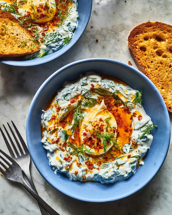Persian eggs recipe (borani esfenaj with poached eggs and aleppo butter) | kitchn
