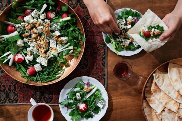 Persian fresh herbs with feta, walnuts, and lavash (Sabszi khordan)