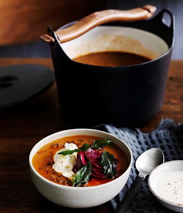 Persian red lentil soup with tahini, beetroot and fried mint