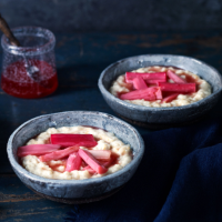 Persian rice pudding with poached rhubarb