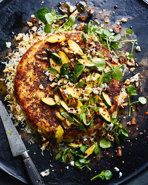 Persian rice with chopped courgette and pickled walnuts (Tahdig)