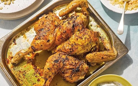 Persian-spiced spatchcock chicken [quick-pickled  red onions]