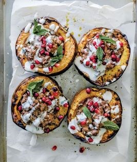 Persian stuffed acorn squash with ground lamb & pomegranate