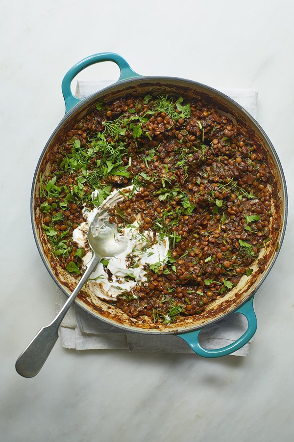 Persian-style brown lentils with mixed green herbs