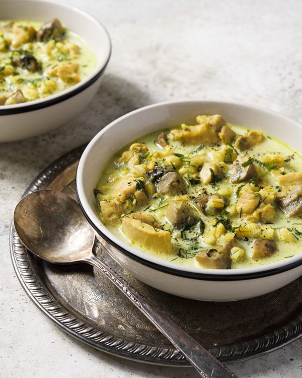 Persian-style chicken, mushroom and barley soup