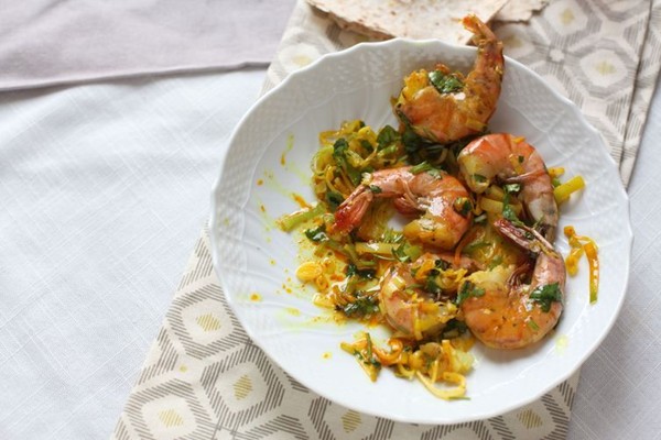 Persian-style saffron shrimp with leeks & herbs (Maygu sabzi)