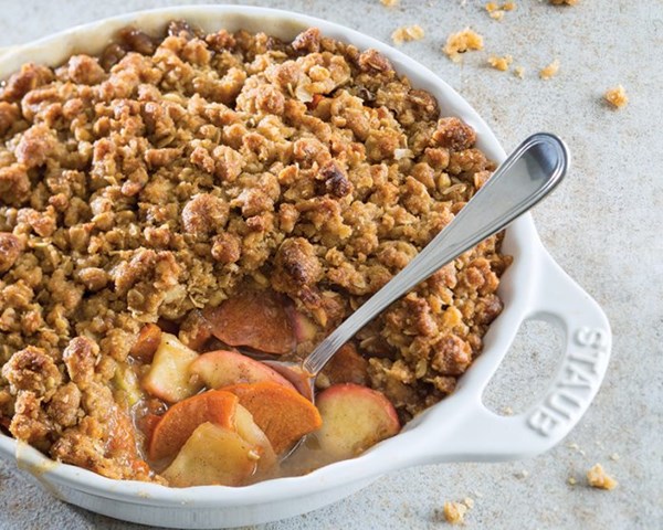 Persimmon-apple crisp [walnut crisp topping, crème fraîche caramel]