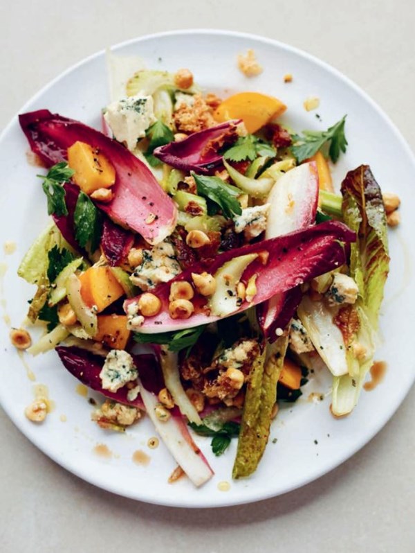 Persimmon, blue cheese, celery and hazelnut salad
