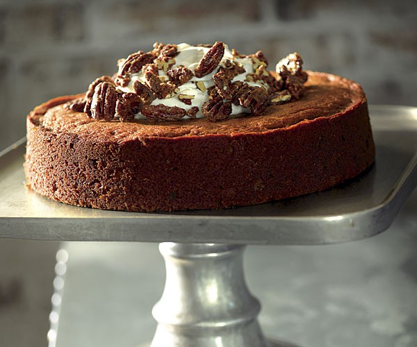 Persimmon cake with crème fraîche and maple pecans