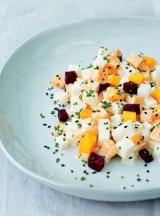 Persimmon, candy beetroot & white radish salad with wasabi lemon cream 