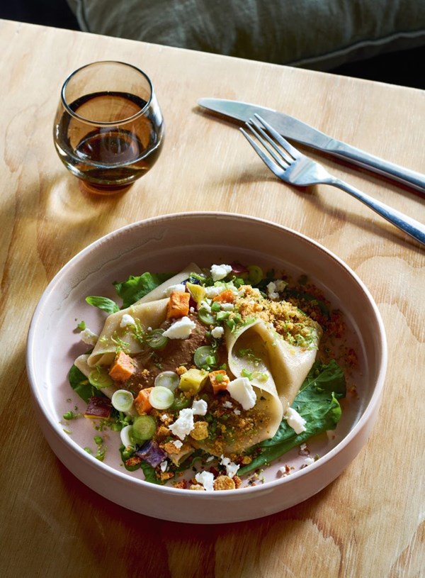 Persimmon mole with parsnip pasta, sorrel, goat's cheese & parsnip crumb