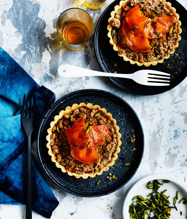 Persimmon, pistachio and ginger crumble tarts