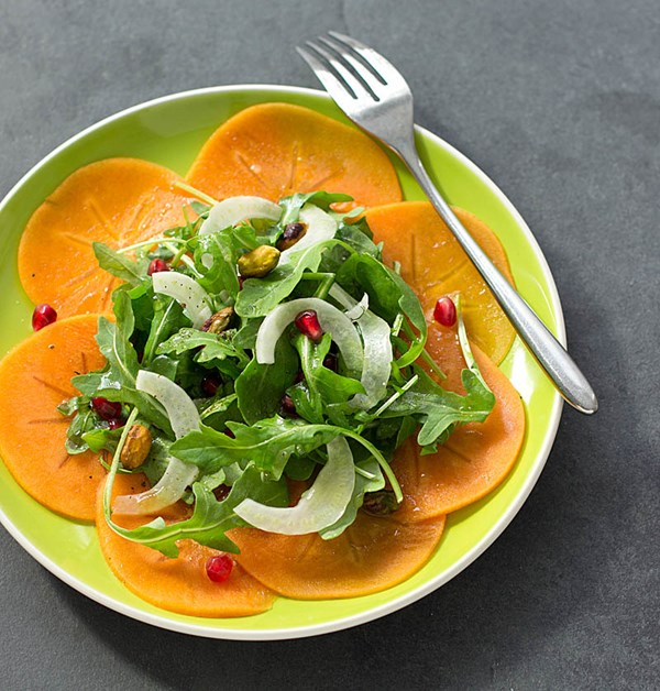 Persimmon, pomegranate, and pistachio salad