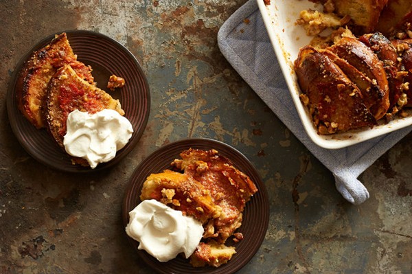 Persimmon walnut bread pudding