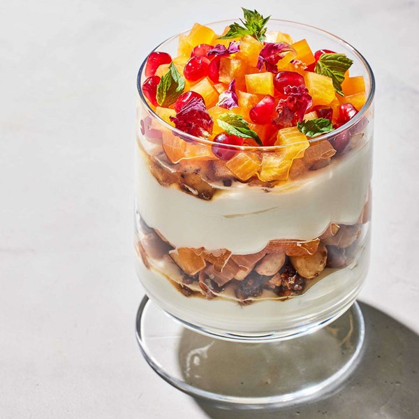 Persimmon, whipped goat cheese, and hazelnut parfaits