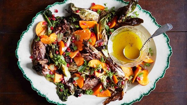 Persimmons and roasted chicories with shallot vinaigrette