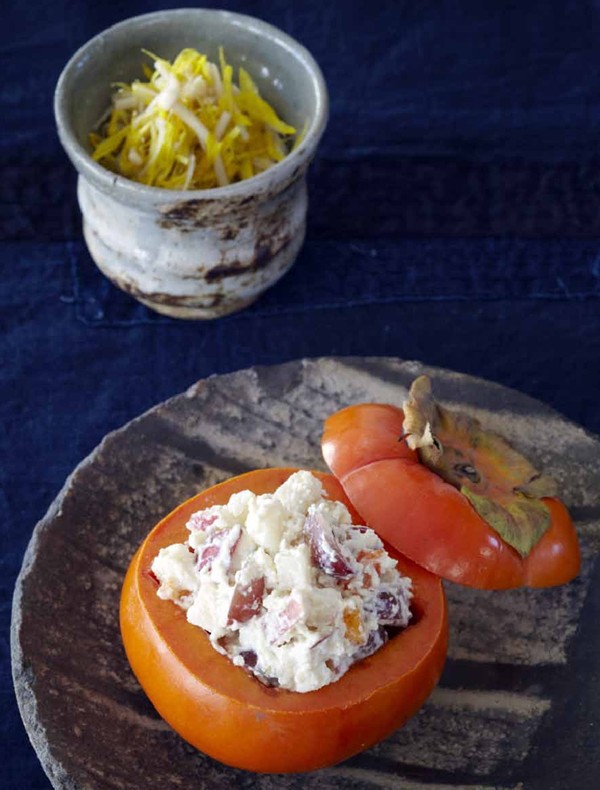 Persimmons stuffed with fall fruits in pine nut-tofu sauce (Matsu no mi shira aé, kaki utsuwa)