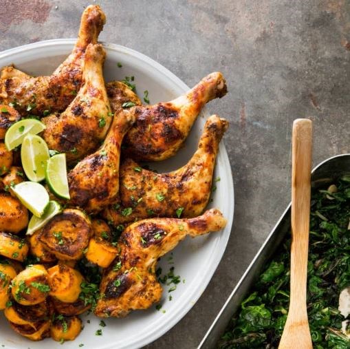 Peruvian roast chicken leg quarters with Swiss chard and sweet potatoes [roasting pan]