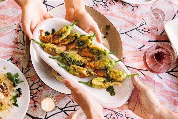 Pesto & goat's cheese stuffed zucchini flowers