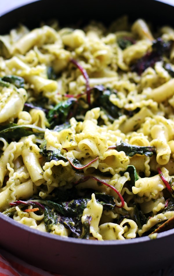 Pesto and goat cheese gigli pasta with Swiss chard