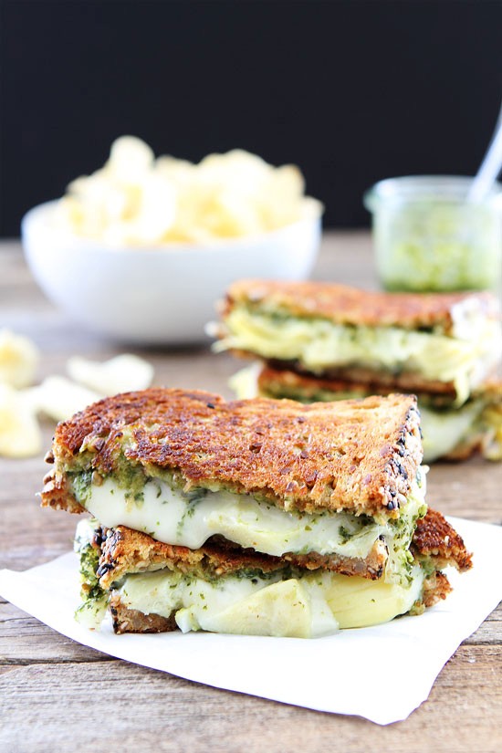 Pesto, artichoke, and Havarti grilled cheese